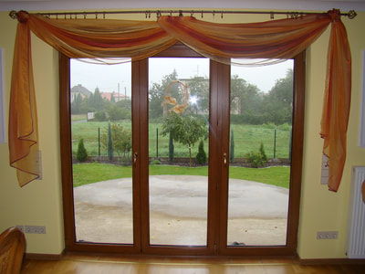 Interior view of a wooden frame french door